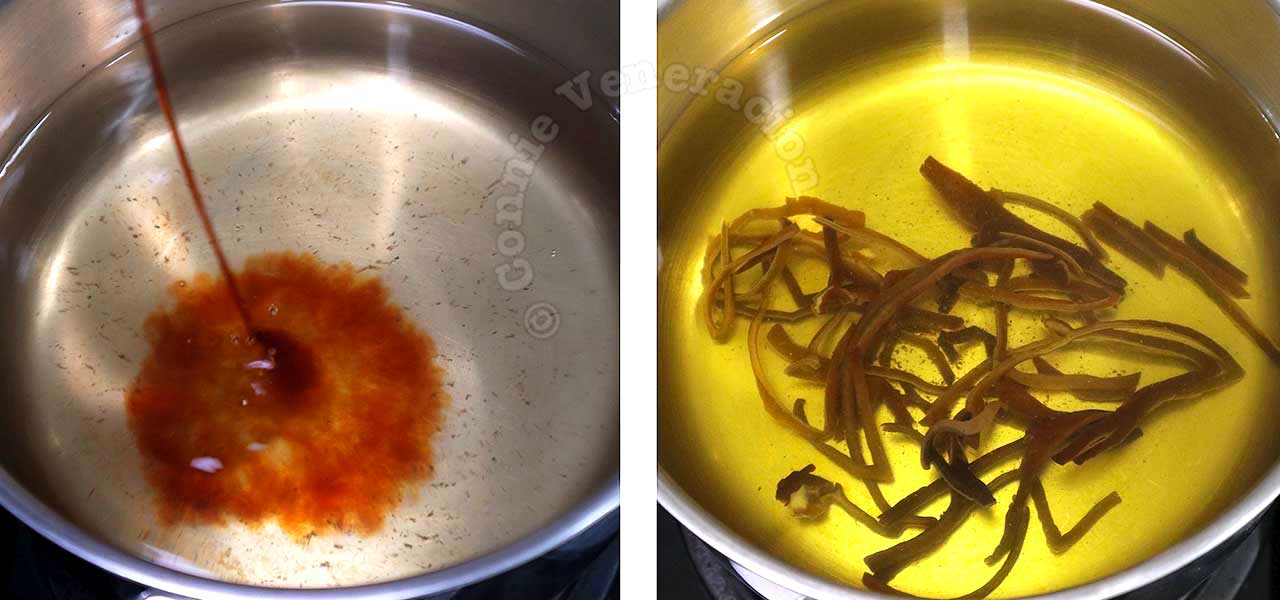 Adding soy sauce and rehydrated wood ears to dashi in pot