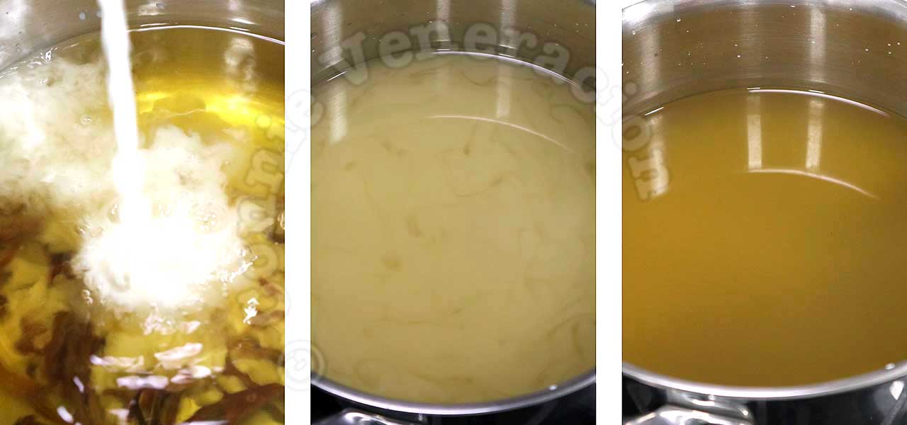 Pouring cornstarch solution into broth to thicken