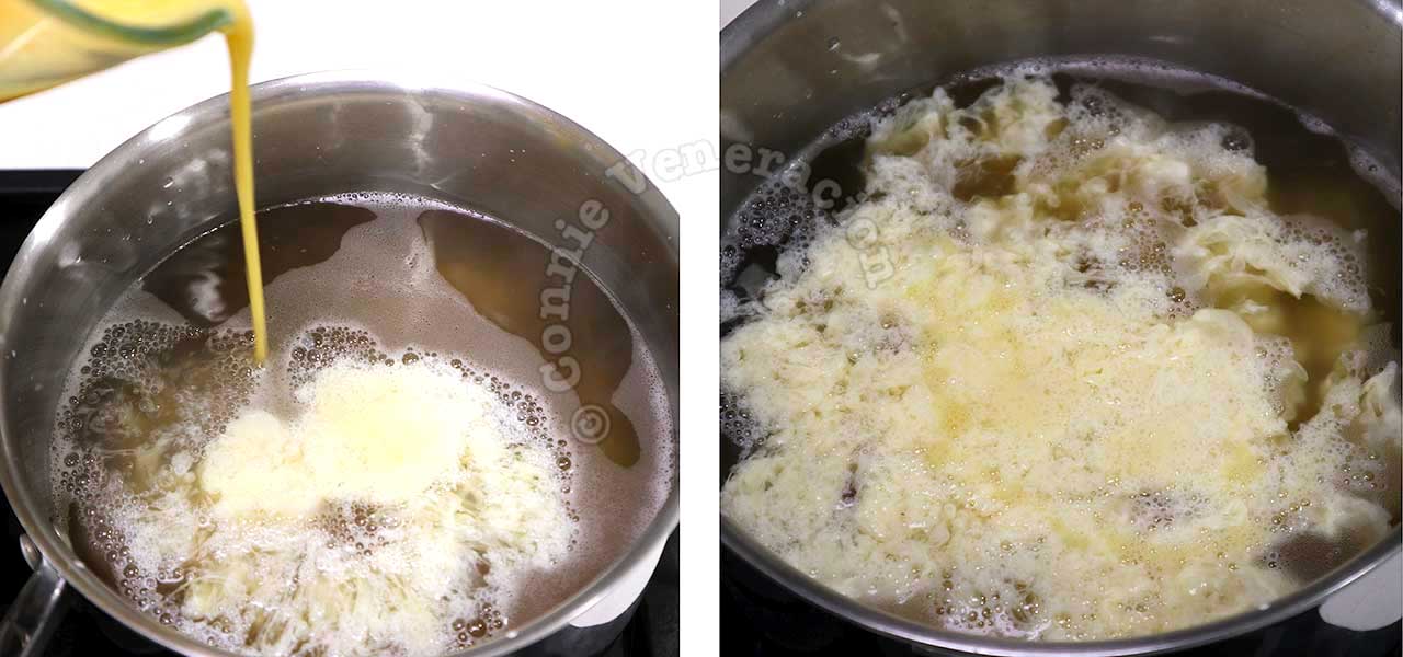 Pouring beaten eggs into broth in pot