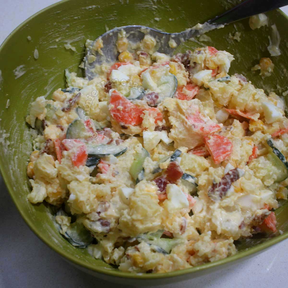 Japanese potato salad in mixing bowl