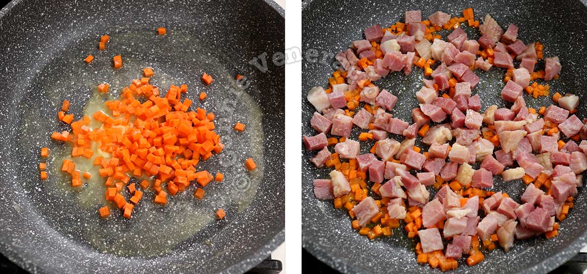 Sauteeing carrot and ham in butter