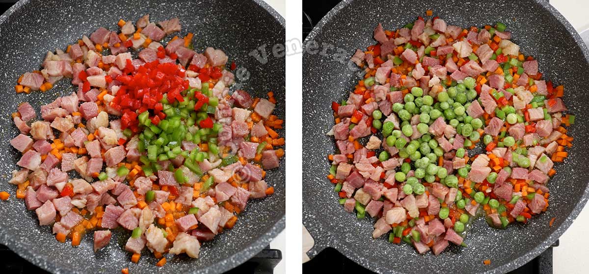 Adding bell peppers and peas to carrot and ham in pan