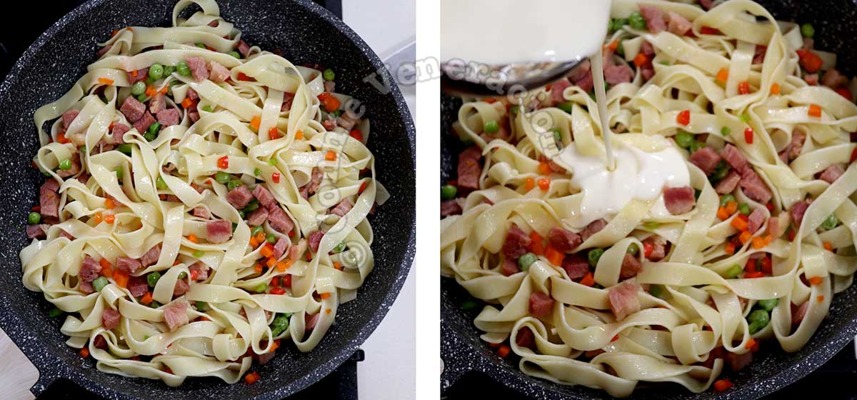 Adding pasta and sour cream to ham and vegetables in pan