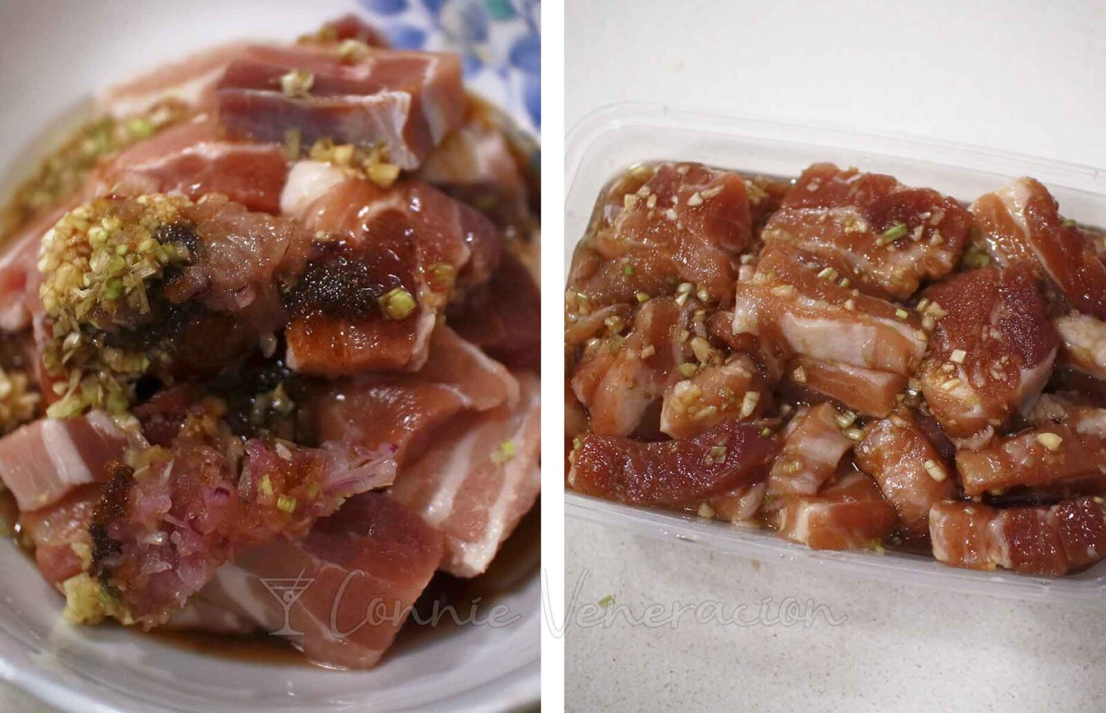 Marinating pork belly in lemongrass, garlic, ginger, shallot, sugar, soy sauce, fish sauce and coconut oil