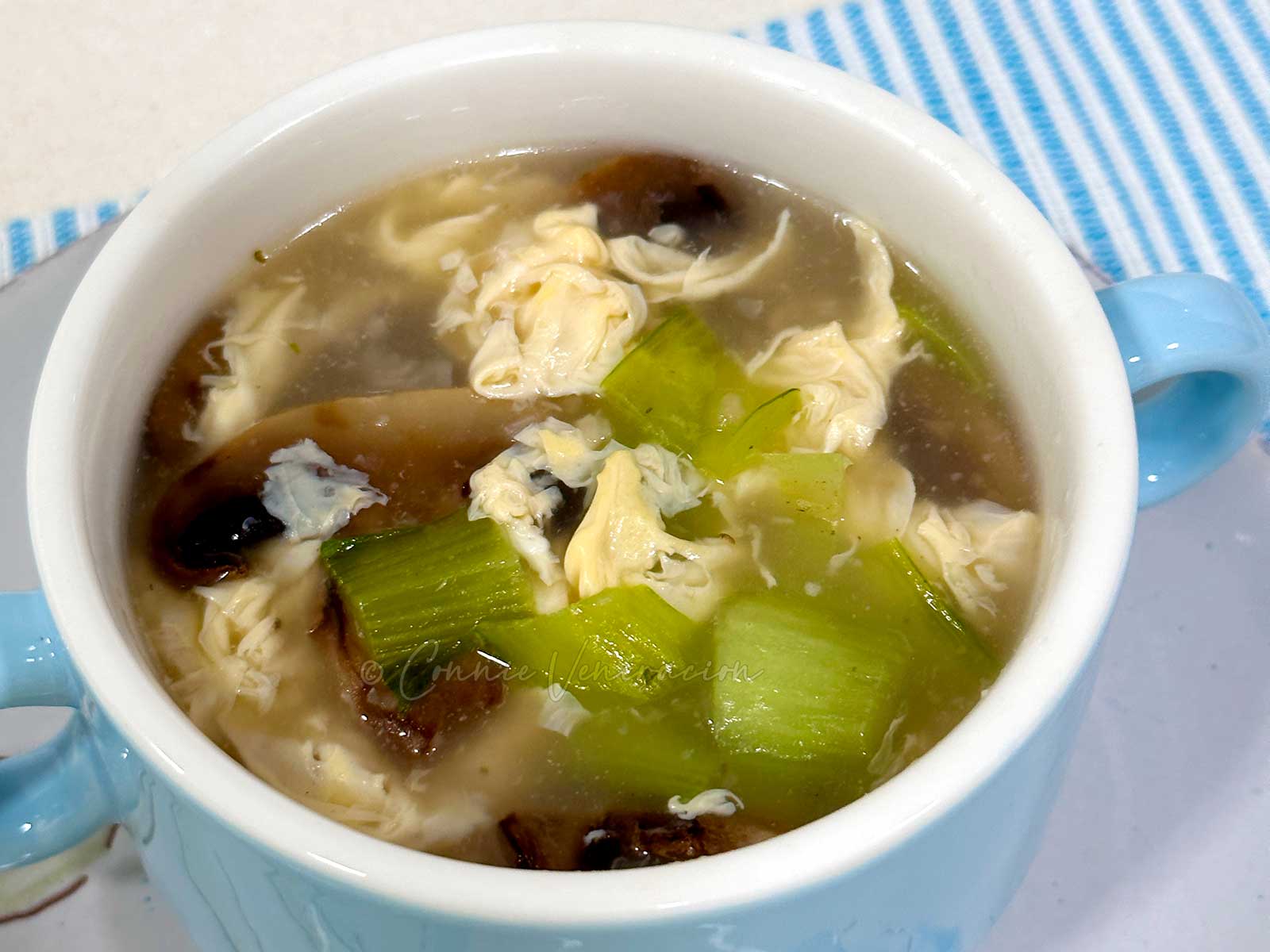 Bok choy and mushroom egg drop soup
