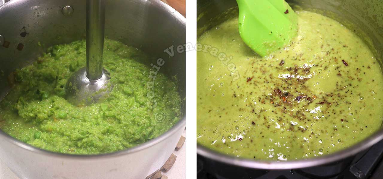 Pureeing peas with an immersion blender before seasoning