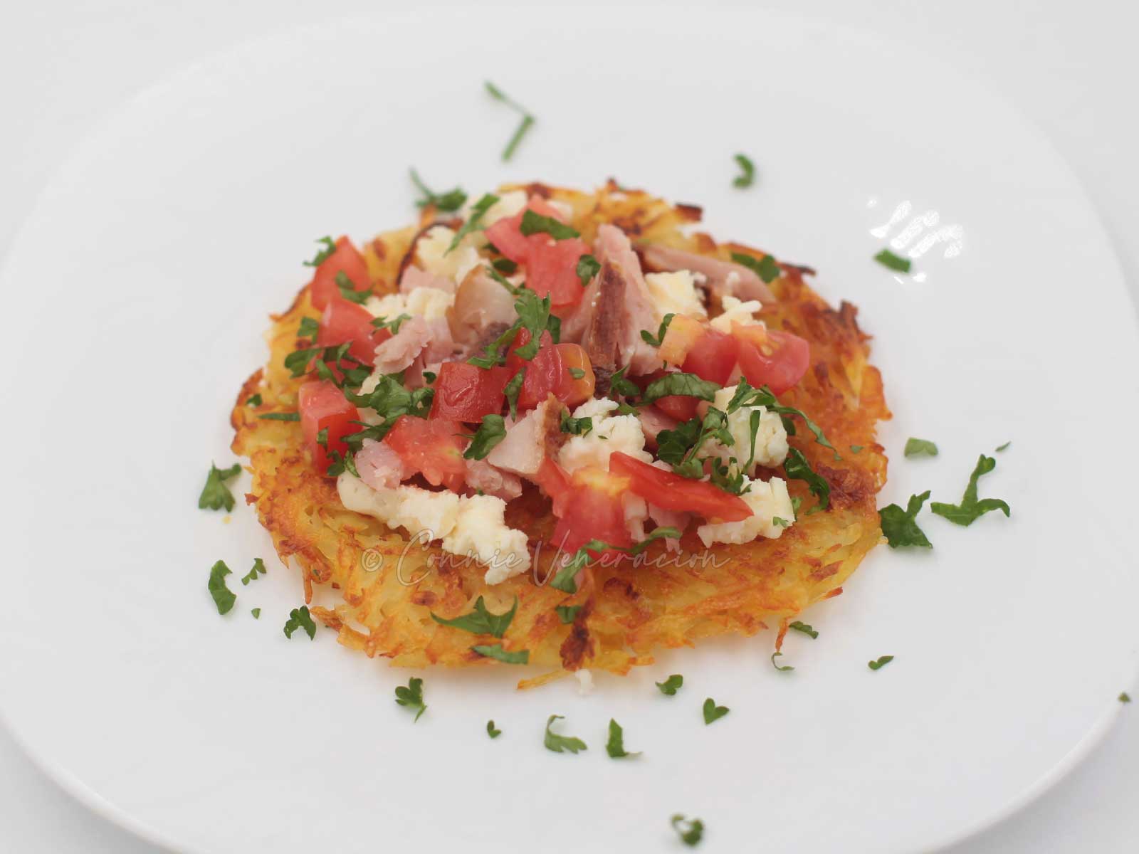 Roasti, ham, tomatoes and feta salad