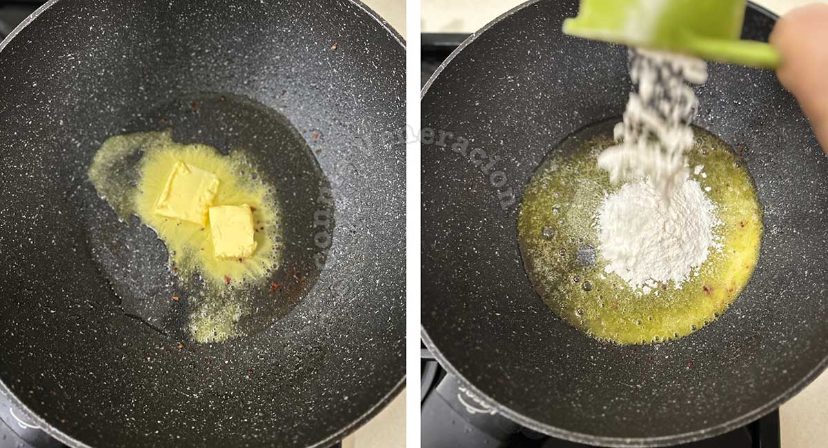 Making a roux with butter, rendered bacon fat and flour