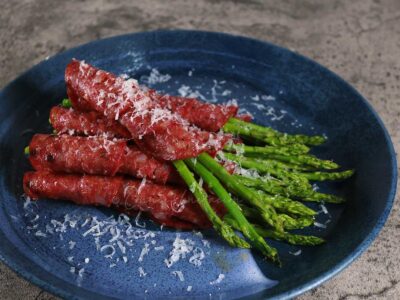 Grilled salami-wrapped asparagus