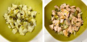 Tossing boiled potatoes ang broiled salmon with salad dressing