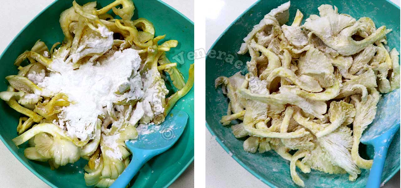 Tossing egg-coated oyster mushrooms in starch