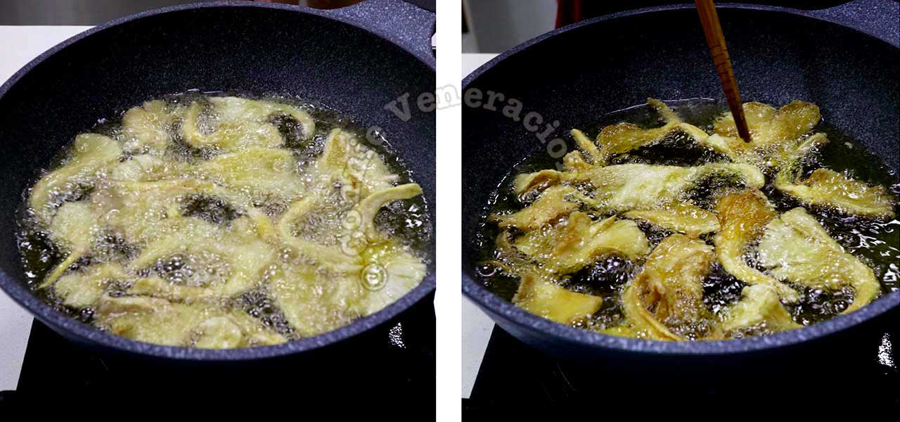 Frying battered oyster mushrooms