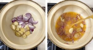 Sauteeing shallot, ginger and garlic before pouring in fish stock