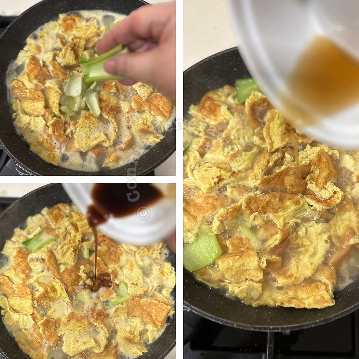 Puring soy sauce and fish sauce into pot of soup