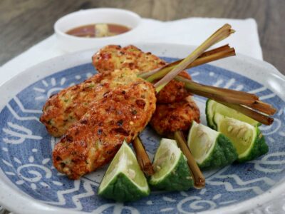 Air fried shrimp lemongrass skewers