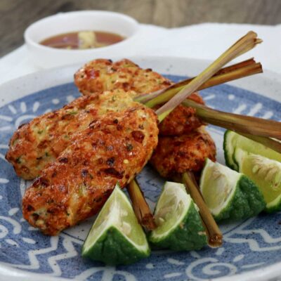 Air fried shrimp lemongrass skewers