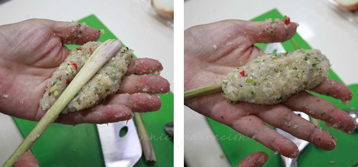 Wrapping shrimp and spice paste around a lemongrass stalk