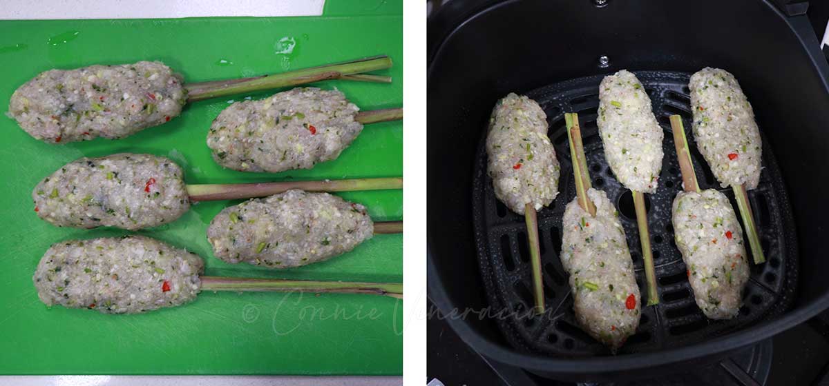 Shrimp lemongrass skewers before air frying