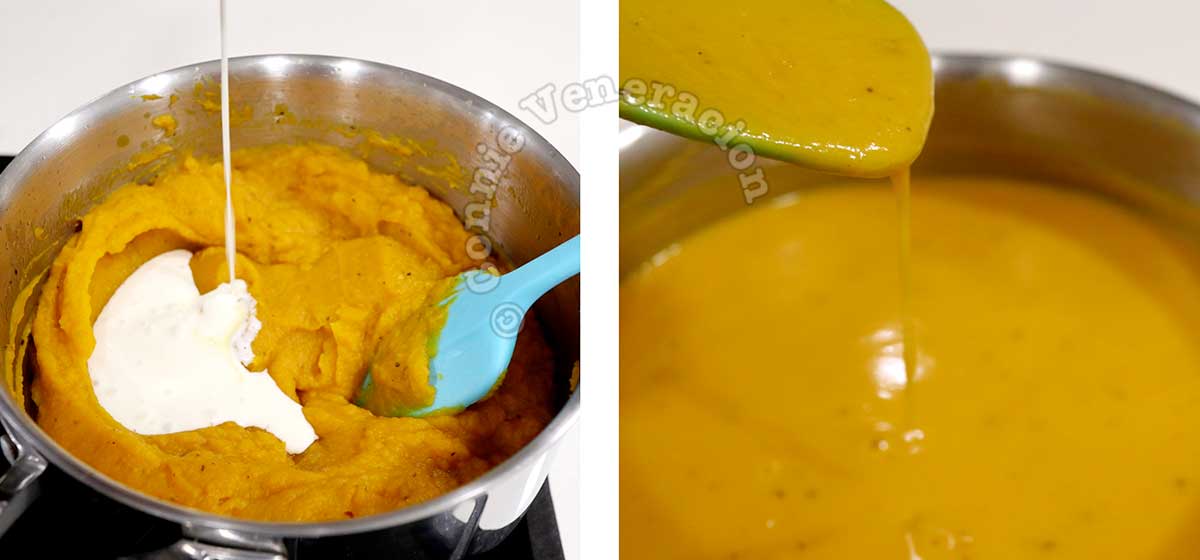 Adding cream to pureed squash in pan
