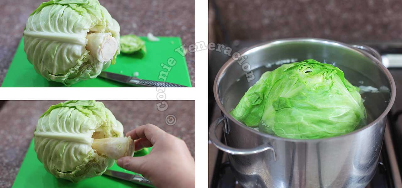 Cored cabbage boiled in water