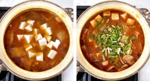 Adding tofu and scallions to kimchi soup in claypot