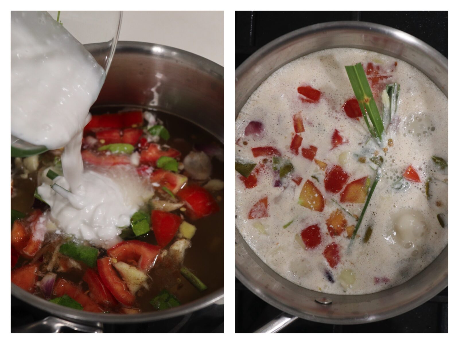 Pouring coconut cream into pot