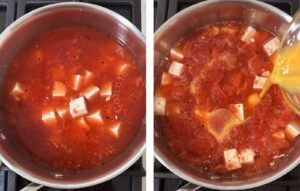 Adding tofu and beaten eggs to tomato soup