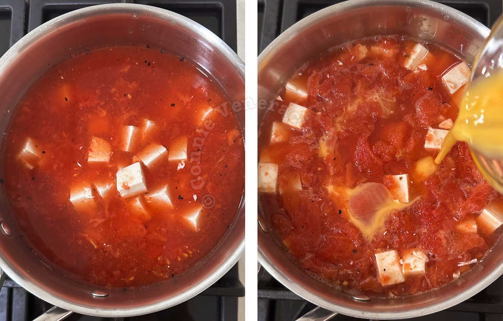 Adding tofu and beaten eggs to tomato soup