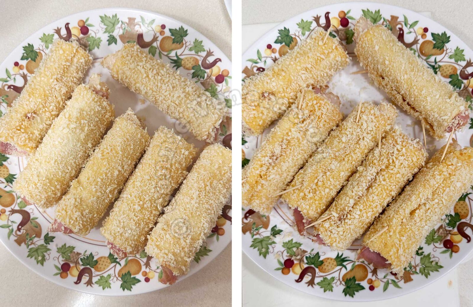 Ham and cheese filled bread coated in egg and panko