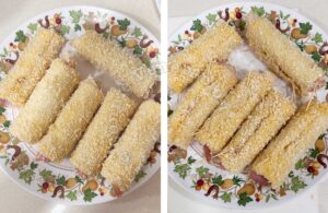 Ham and cheese filled bread coated in egg and panko