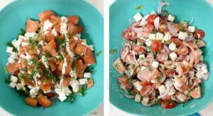 Tossing salmon, tomato and cheese salad with aioli and dill