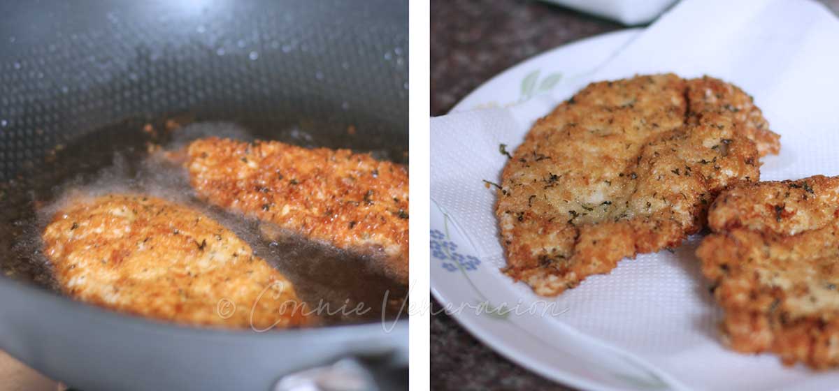 Frying breaded chicken fillets