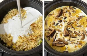 Pouring coconut cream, adding shiitake and sultanas to rice in claypot