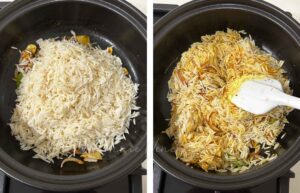 Tossing rice with sauteed aromatics and spices in claypot