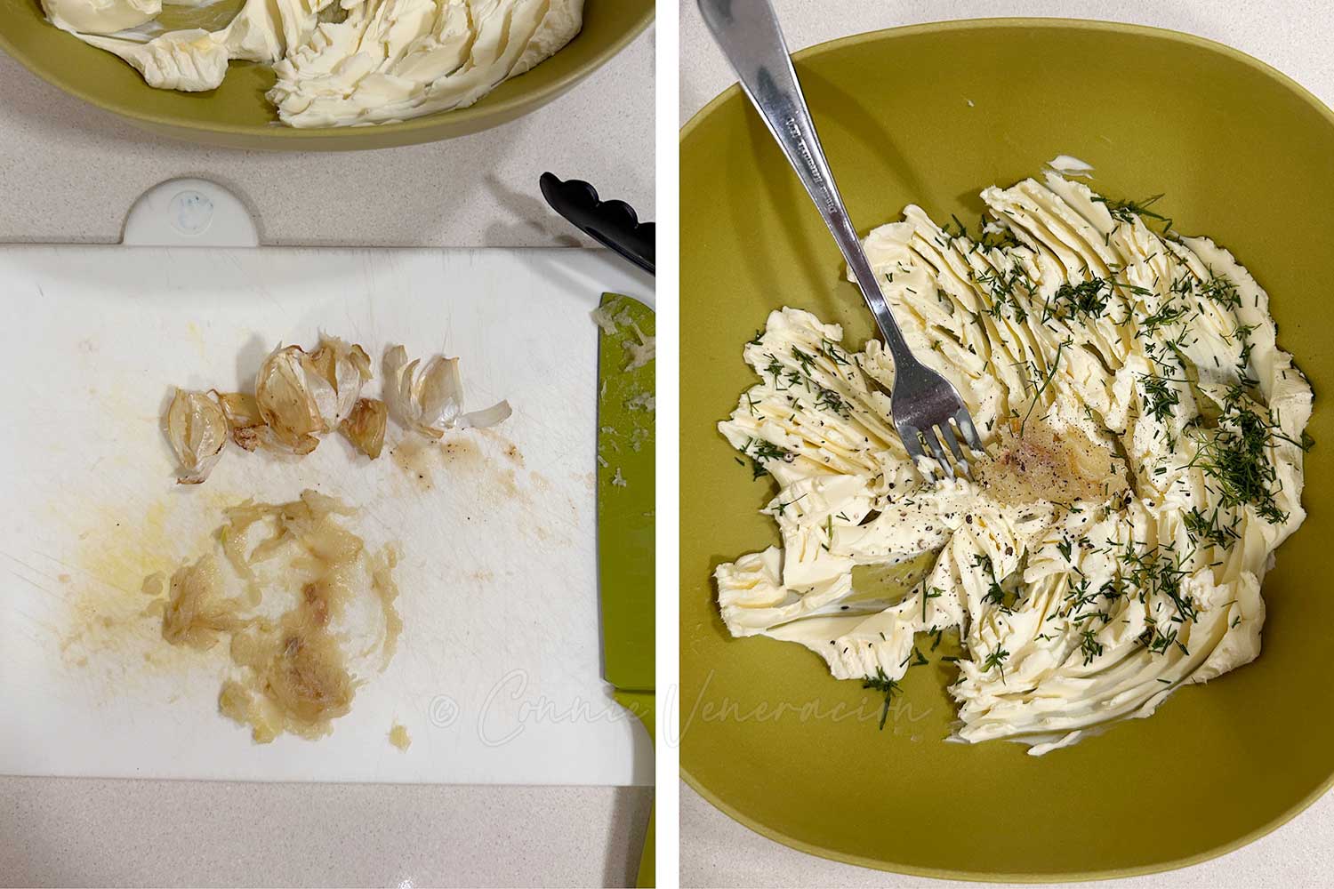 Mixing roasted garlic, dill and cream cheese