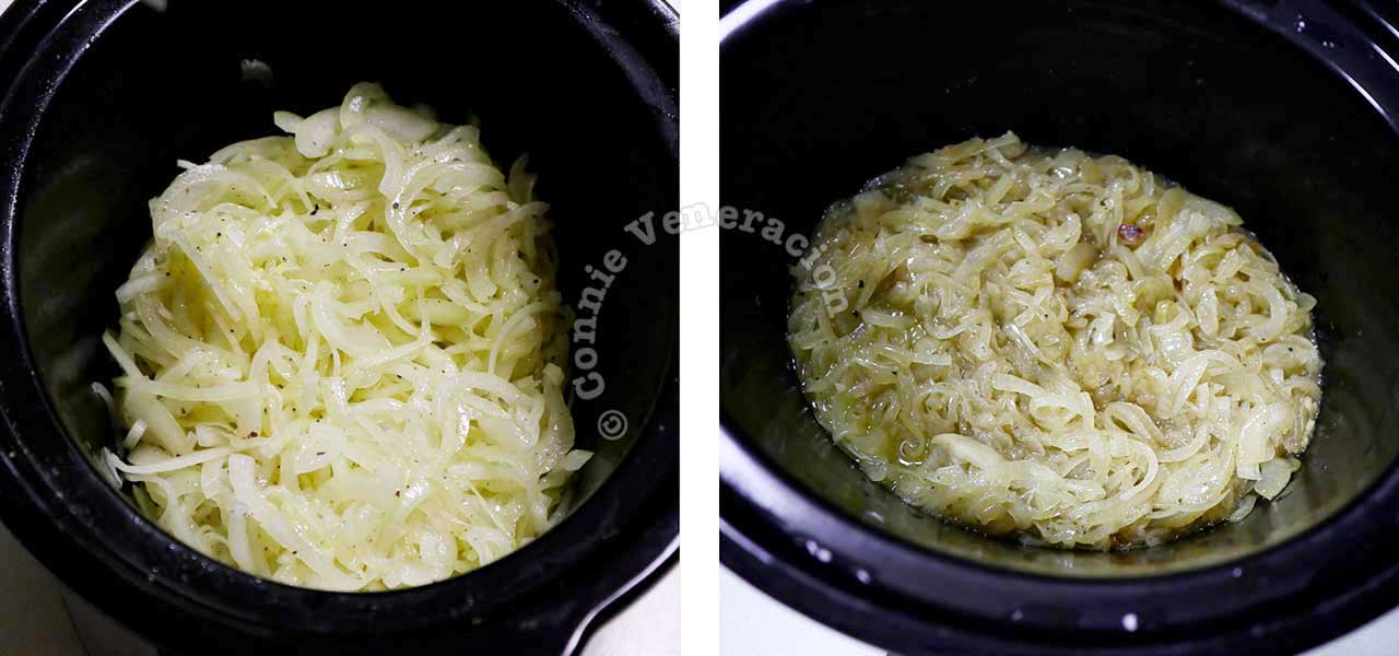 Caramelizing onion slices with butter in a slow cooker