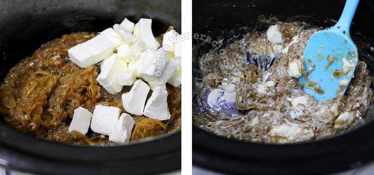Stirring cream cheese into caramelized onions