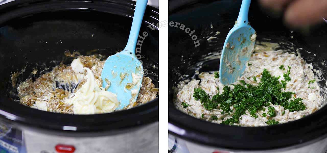 Adding mayo and parsley to cramelized onions and cream cheese