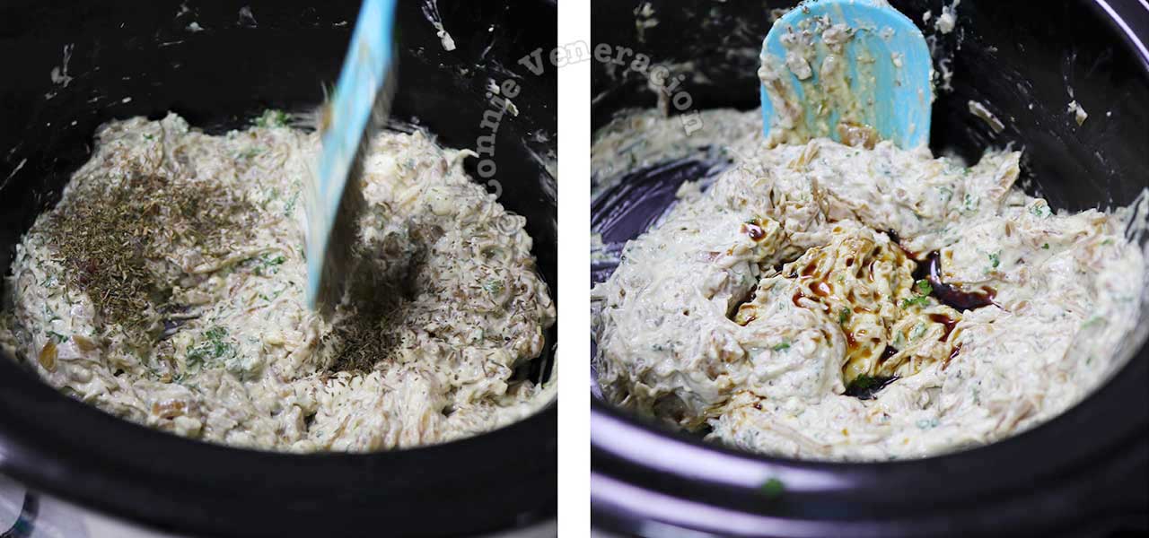 Stirring thyme, soy sauce and Worcestershire sauce into caramelized onion and cream cheese