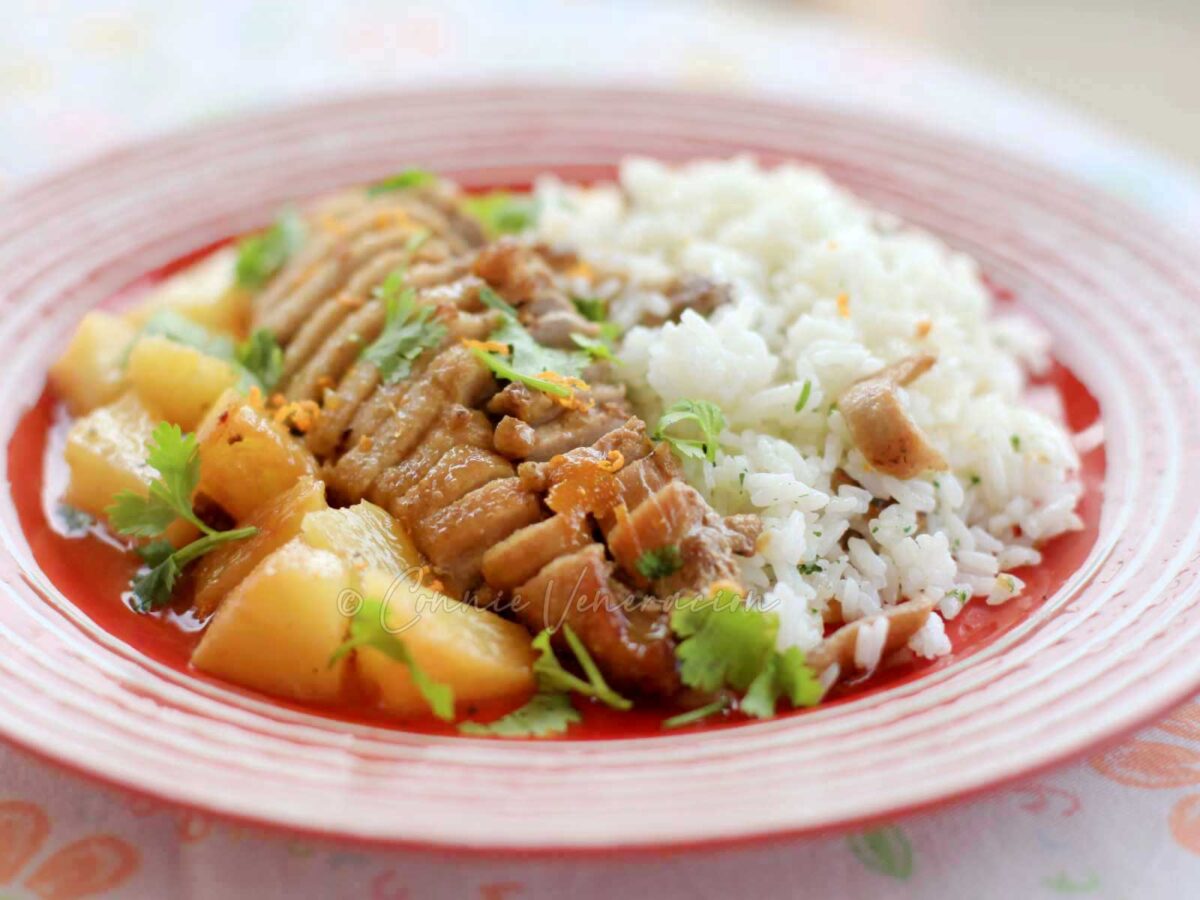 Pineapple orange duck in white wine sauce