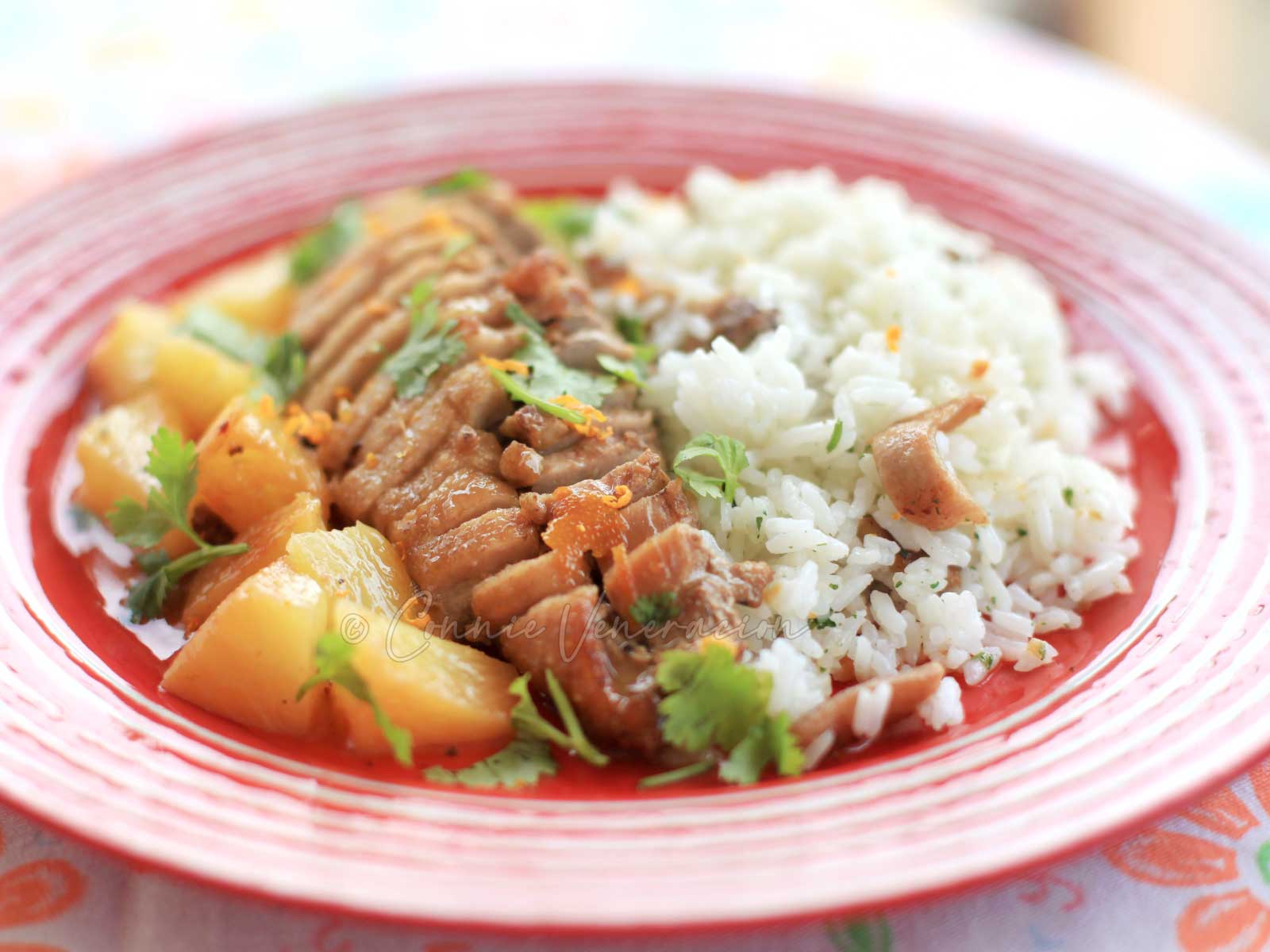 Pineapple orange duck in white wine sauce