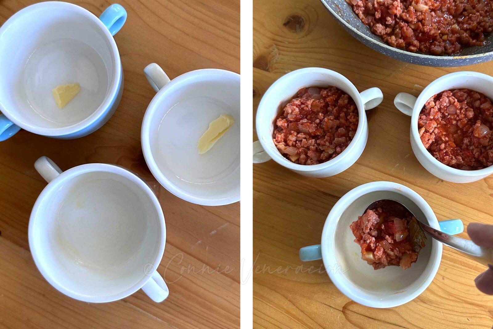 Ragu in buttered overproof bowls