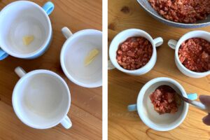 Ragu in buttered overproof bowls