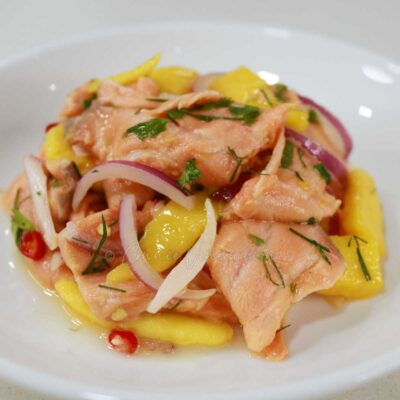 Salmon ceviche with dill, cilantro, red onion, chilies and fresh sweet mango