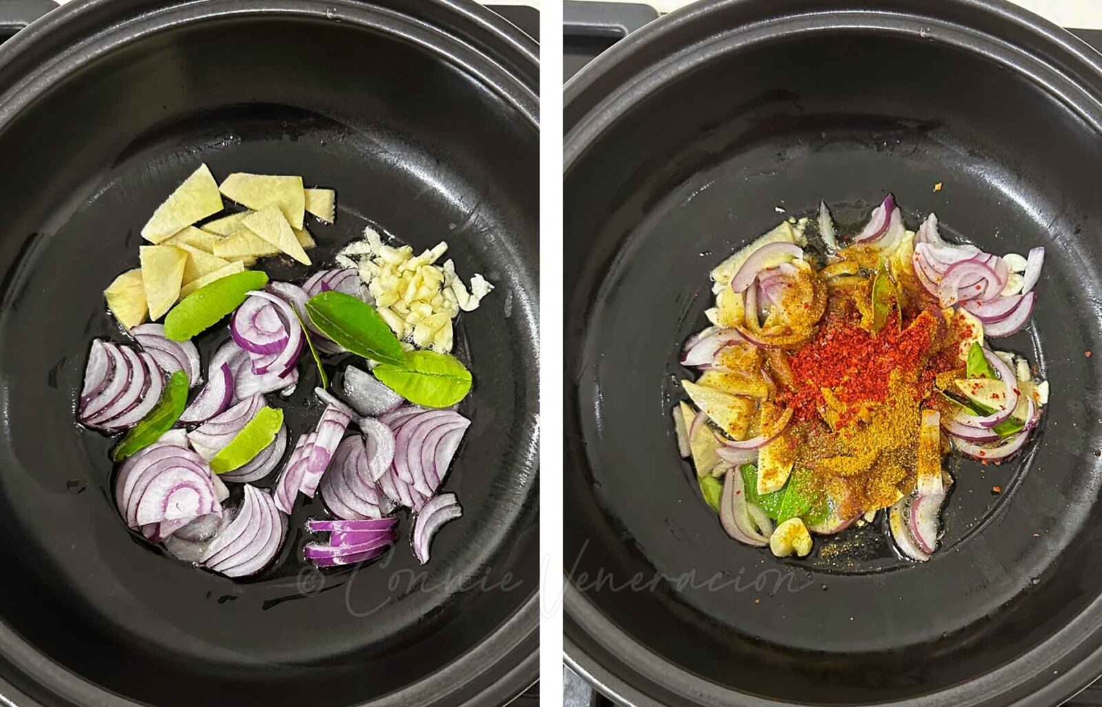 Sautteing shallots, garlic, ginger, kaffir lime leaves, chili flakes and curry powder in claypot