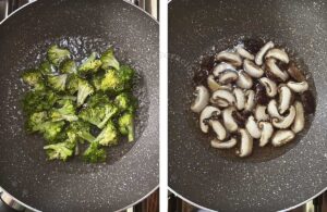 Parboiling broccoli florets and sliced shiitake
