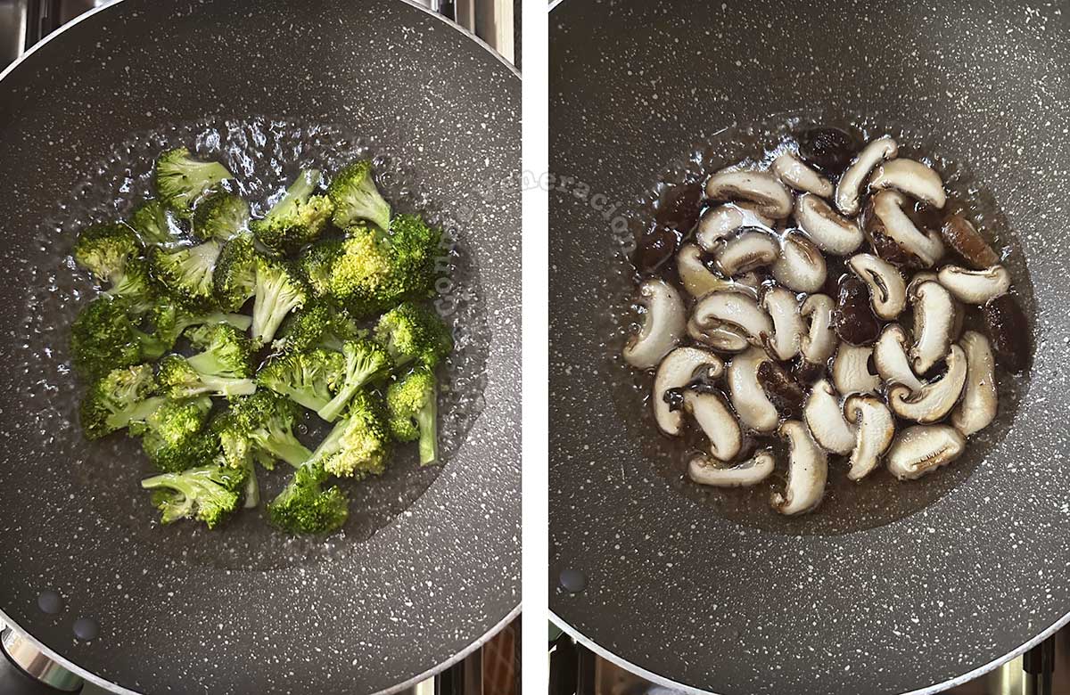Parboiling broccoli florets and sliced shiitake