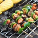 Grilled skewered shiitake, bell pepper and tomato