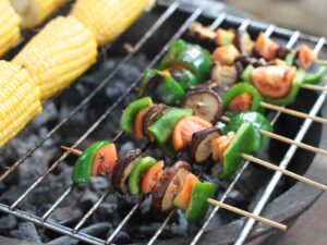Grilled skewered shiitake, bell pepper and tomato