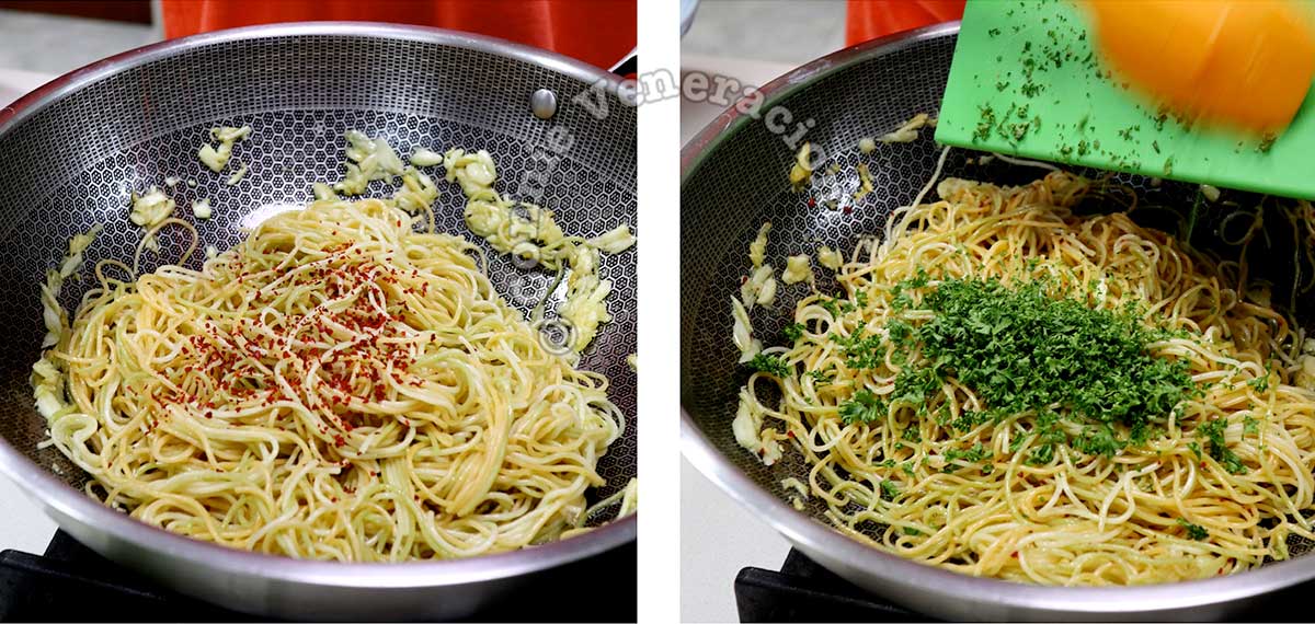 Adding chili flakes and chopped parsley to pasta in pan
